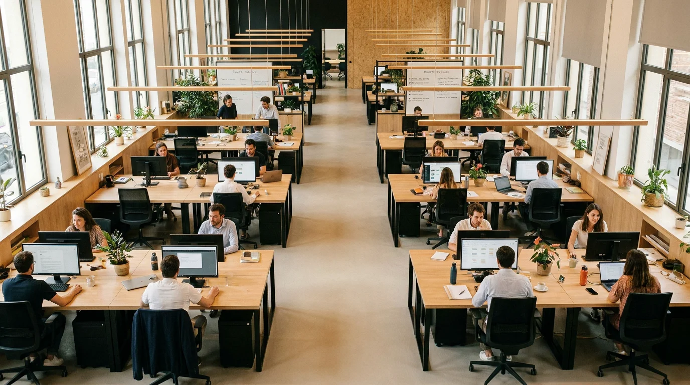 Vue d'ensemble d'un open space professionnel éclairé par des luminaires suspendus modernes et la lumière du jour