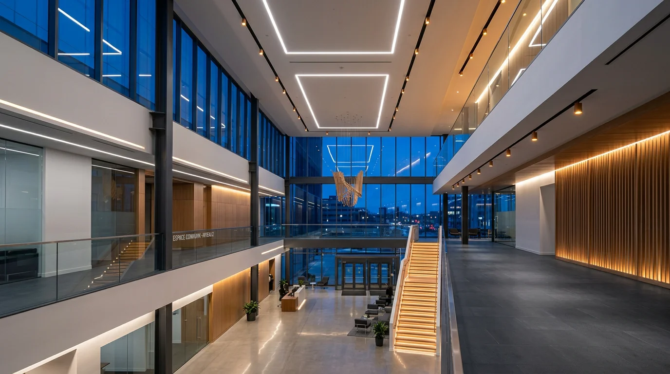 Intérieur de bâtiment commercial mis en scène par un éclairage architectural maîtrisé