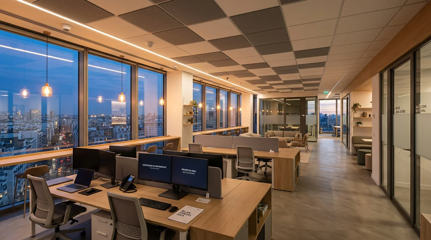 Bureaux éclairés par un système lumineux adaptatif au crépuscule