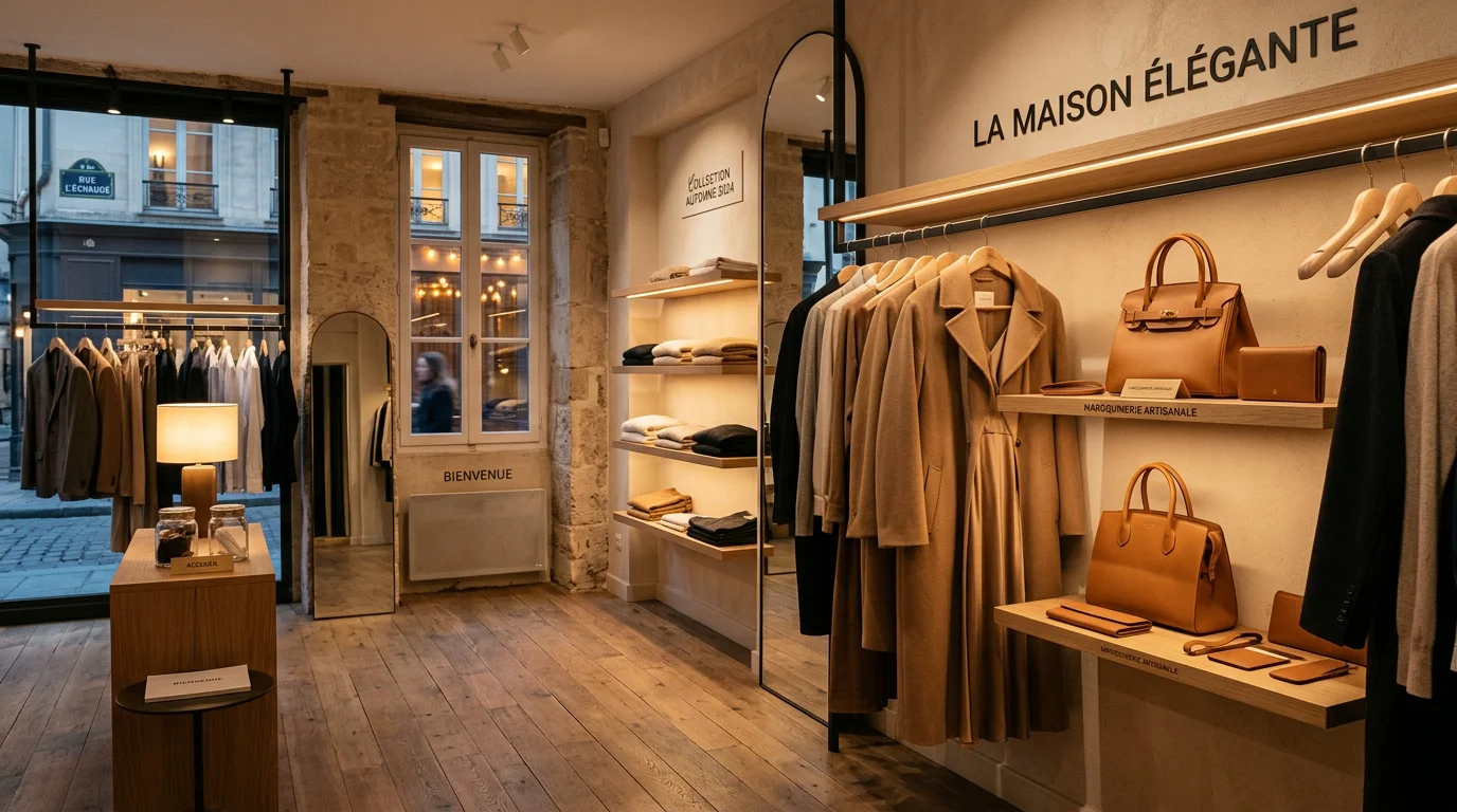 Boutique haut de gamme mise en valeur par un éclairage d'accentuation chaleureux