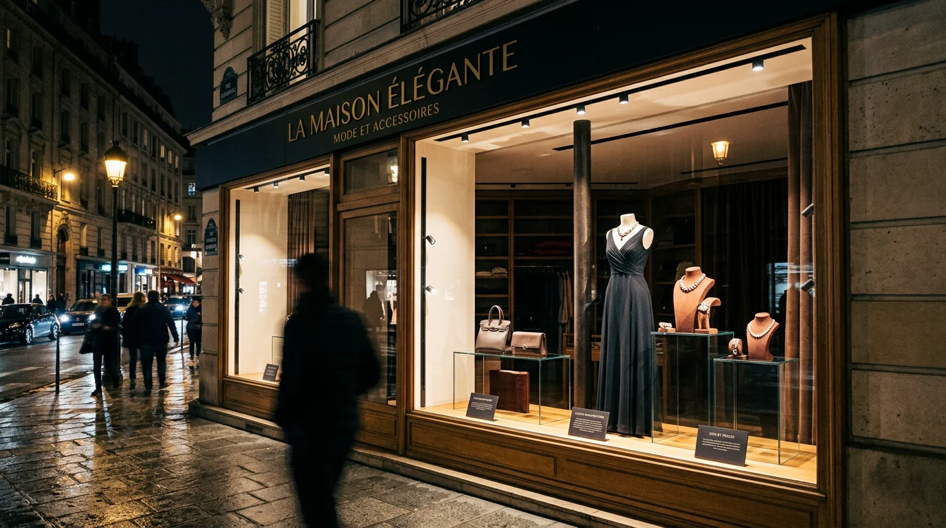 Vitrine haut de gamme mise en lumière la nuit pour attirer les passants