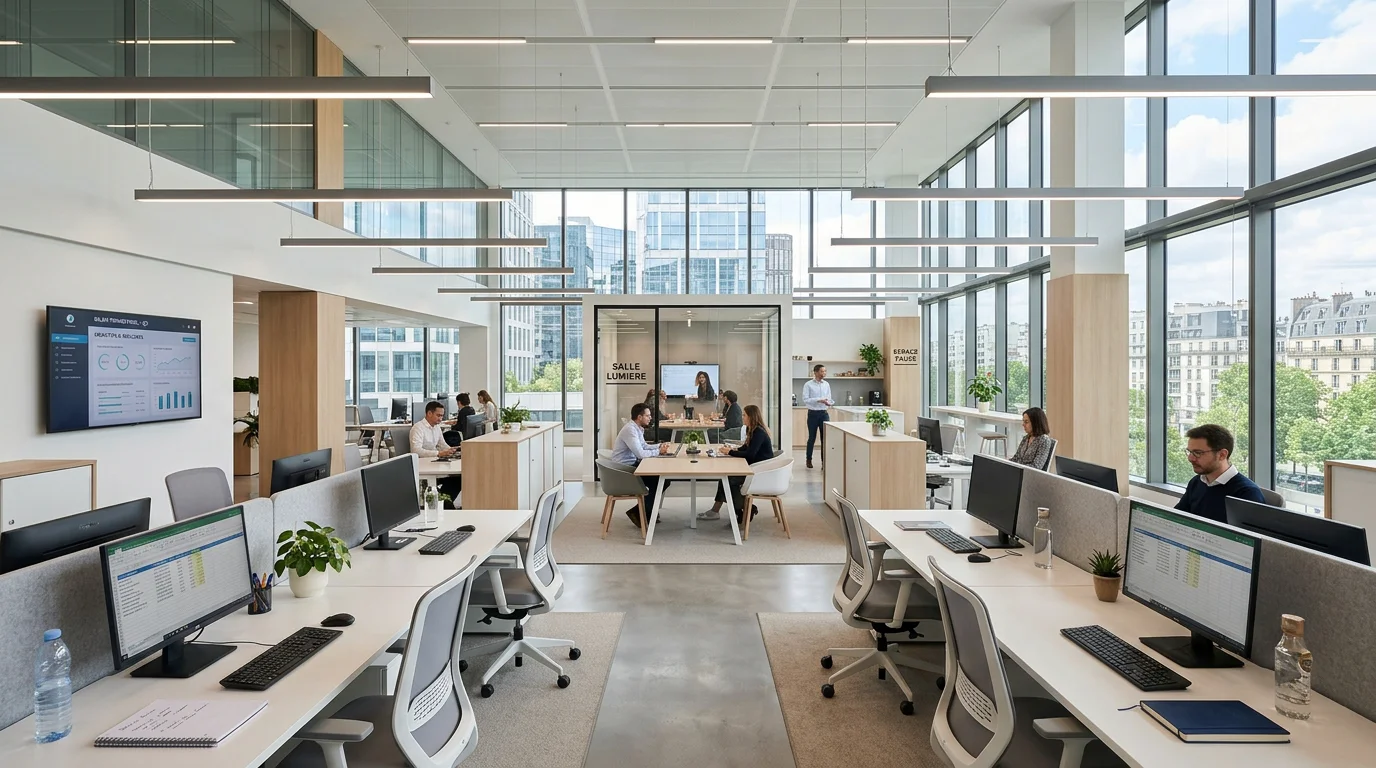 Bureau tertiaire moderne éclairé par des luminaires LED et la lumière naturelle