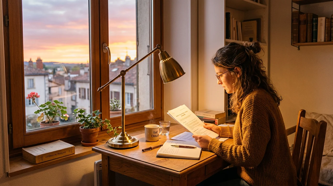 Poste de travail avec lampe orientable en lumière chaude de fin de journée