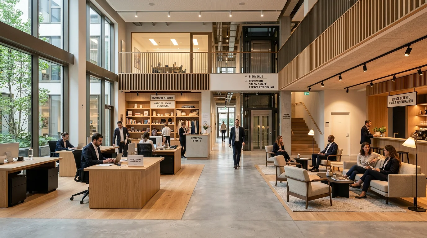 Intérieur d'un bâtiment tertiaire moderne mettant en valeur un éclairage professionnel soigné