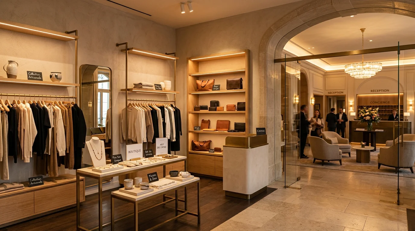 Boutique et hall d'hôtel mettant en valeur produits et ambiance grâce à un éclairage soigné