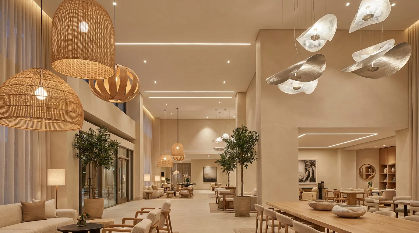Luminaires tendance 2026 dans un espace contemporain avec suspensions en matériaux naturels et éclairage LED intégré