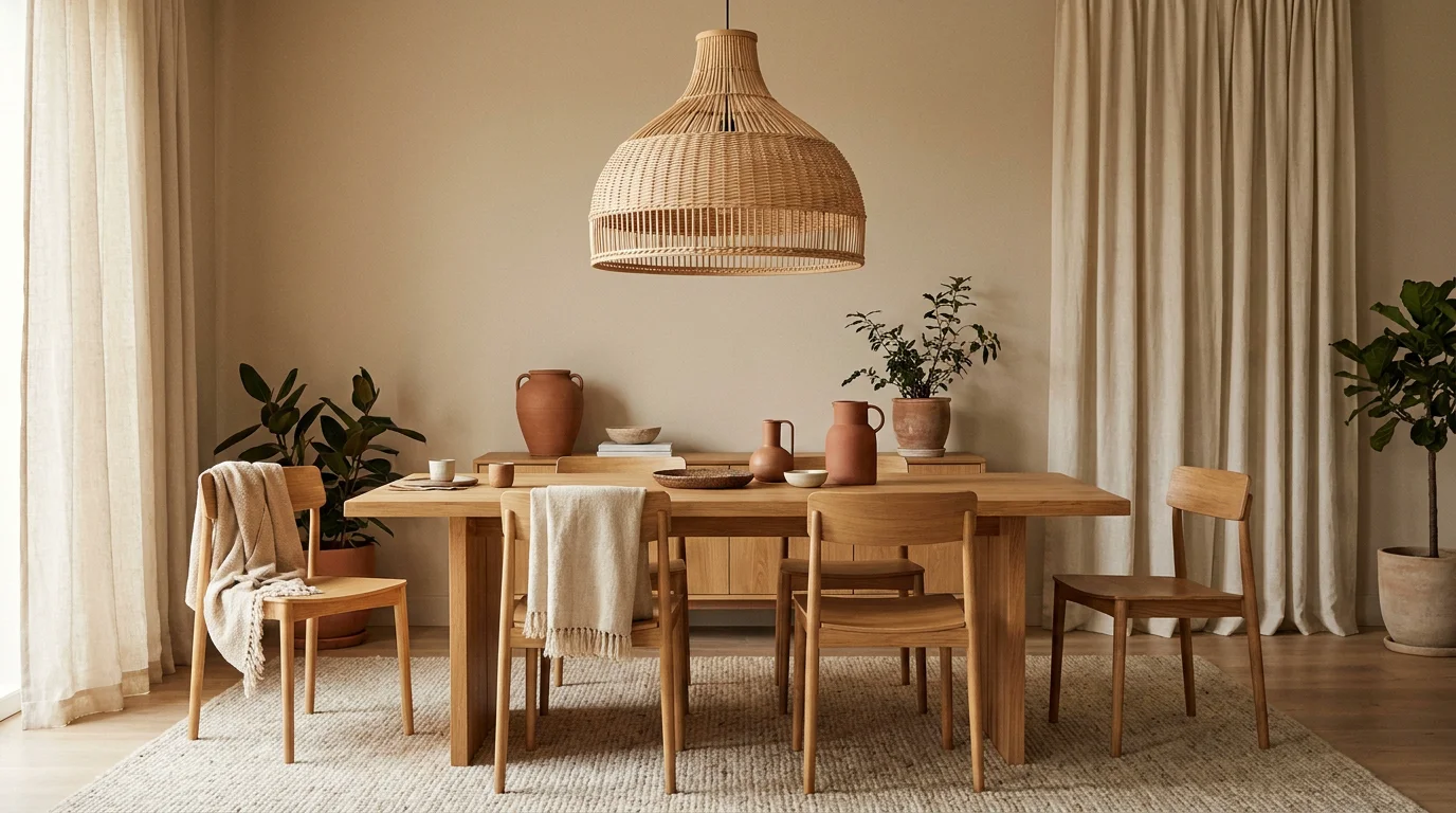 Suspension en bois clair et rotin dans un intérieur japandi chaleureux