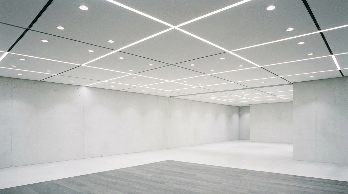 Système d'éclairage modulaire minimaliste dans un espace commercial contemporain