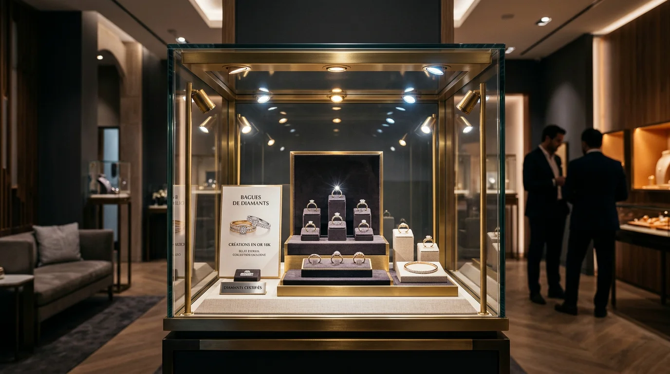 Vitrine de bijouterie de luxe illuminée par un éclairage d'accentuation précis