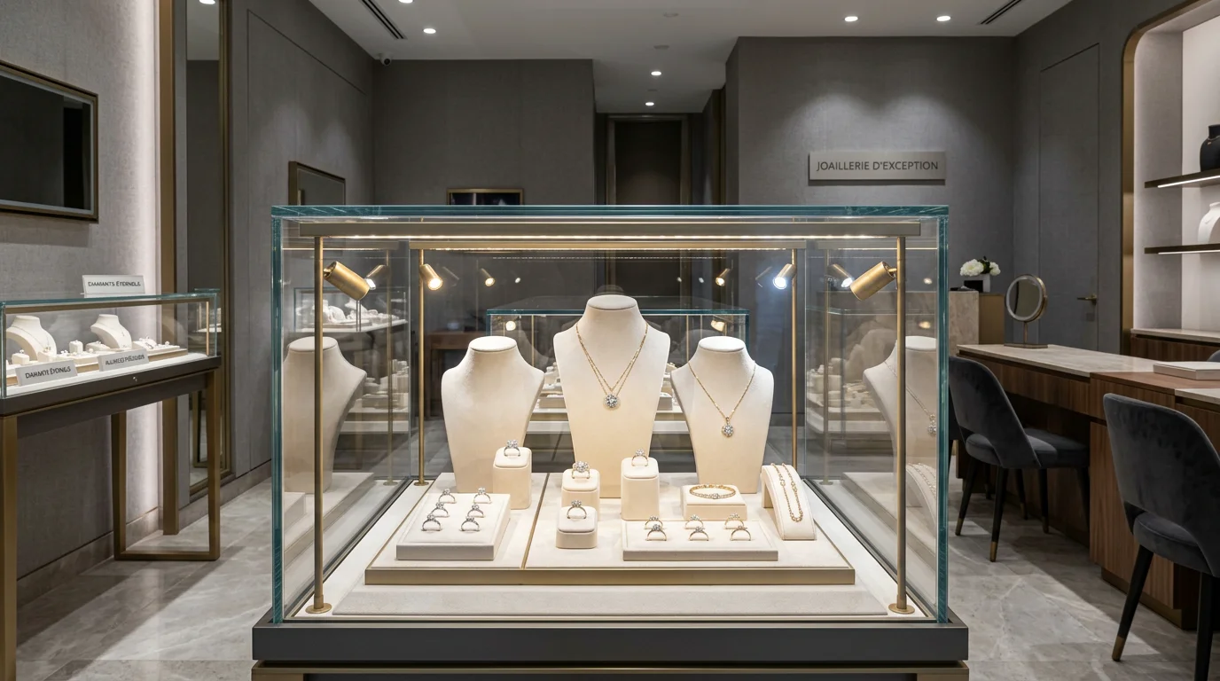 Vitrine de bijouterie mise en valeur par des spots d'accentuation