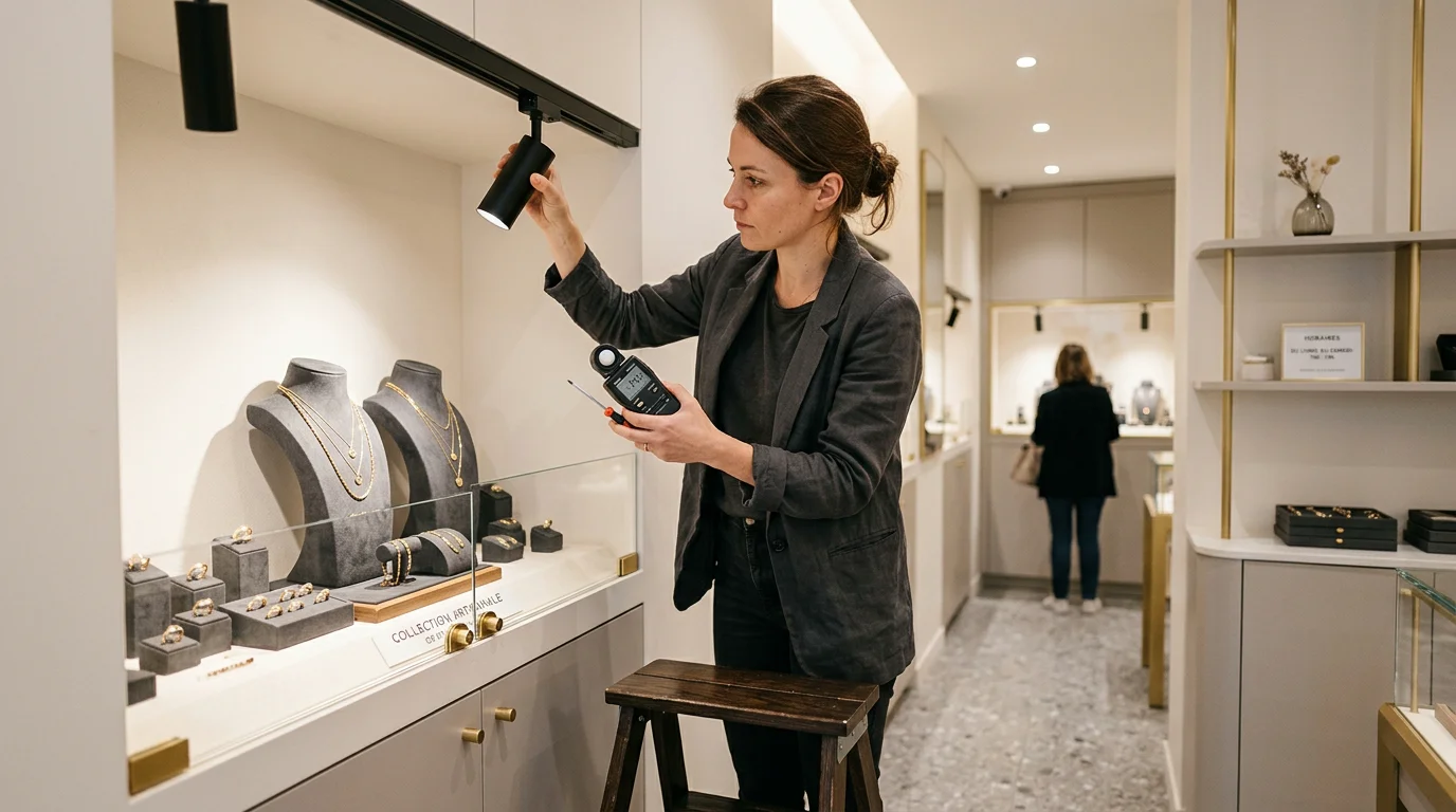 Concepteur lumière réglant un spot au-dessus d'une vitrine de bijoux