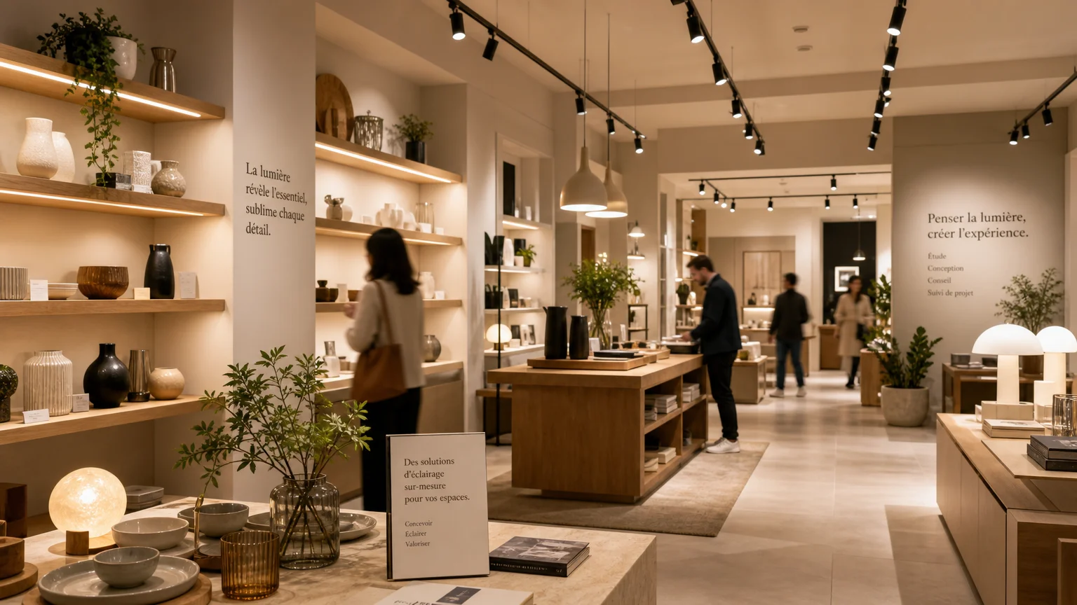 Boutique équipée d'un éclairage blanc réglable mettant en valeur les produits