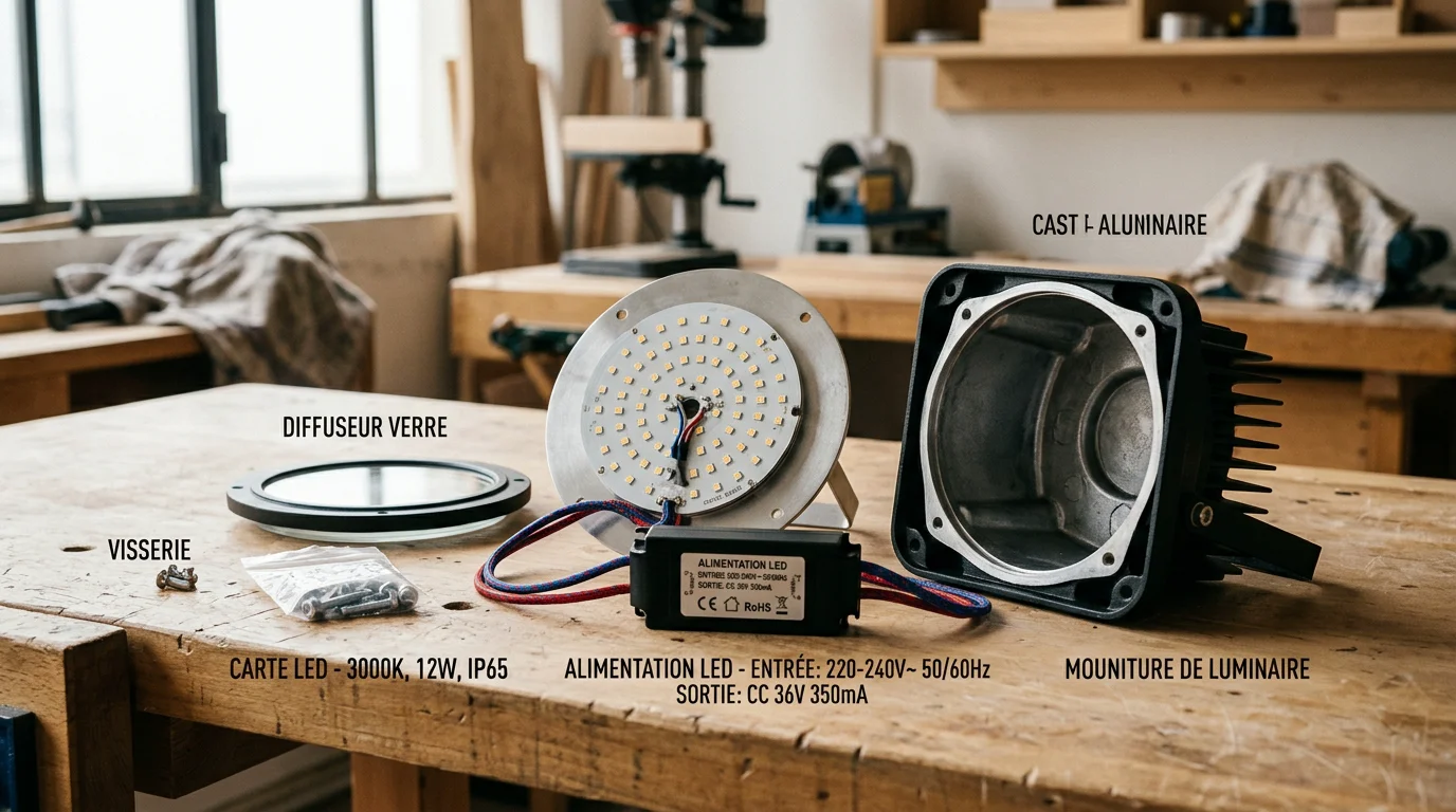 Composants d'un luminaire modulaire démonté sur un établi