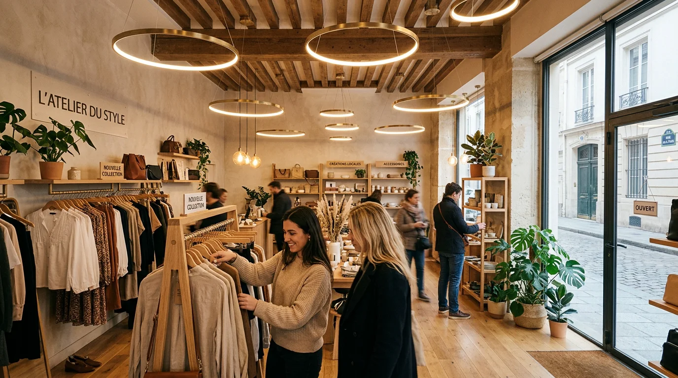 Boutique éclairée par des suspensions circulaires chaleureuses