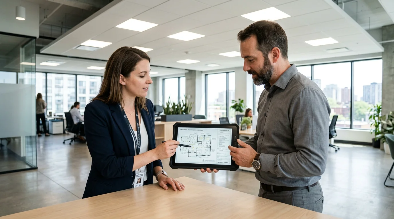 Deux ingénieurs analysant un plan d'éclairage dans un bureau lumineux