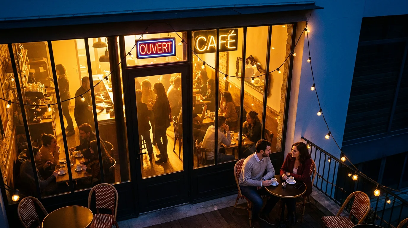 Vue extérieure d'un café au crépuscule avec lumière dorée filtrant à travers les vitres et terrasse illuminée