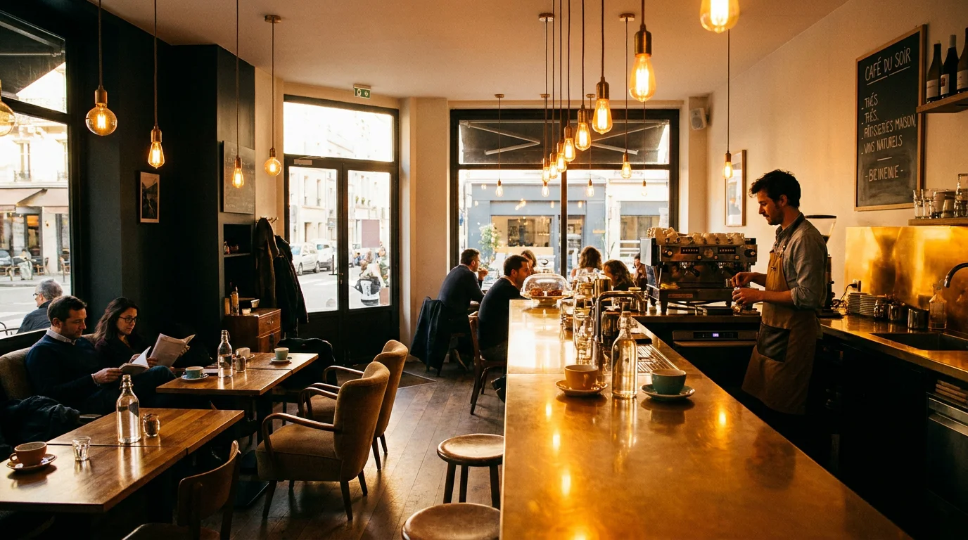 Intérieur de café éclairé par des suspensions chaudes au-dessus des tables avec un comptoir lumineux en arrière-plan