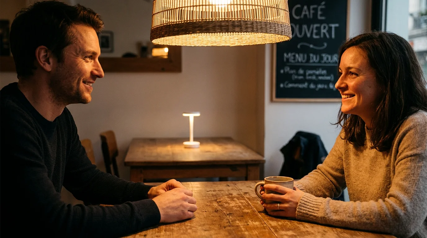 Deux personnes discutant dans un café sous un éclairage doux et sans ombres disgracieuses sur les visages