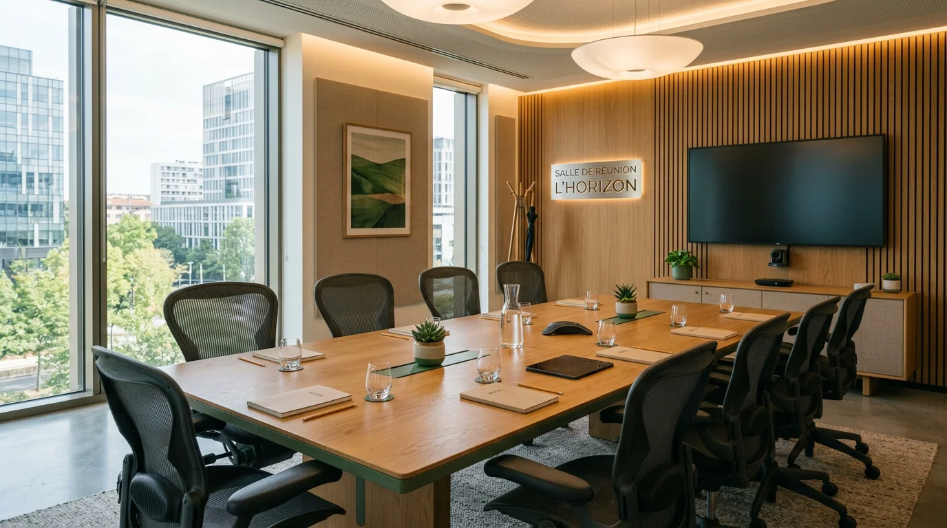 Salle de réunion moderne bien éclairée avec lumière naturelle et luminaires au plafond