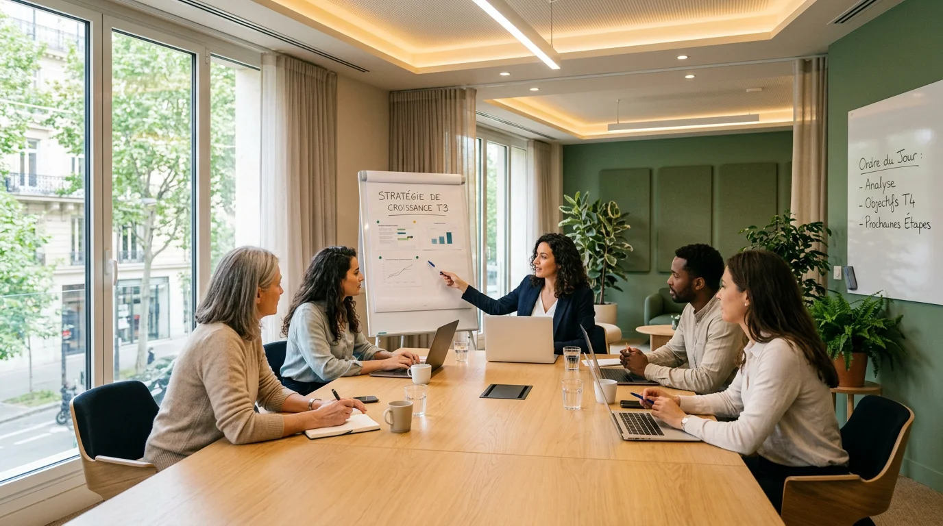 Salle de réunion lumineuse avec équipe en collaboration sous un éclairage confortable