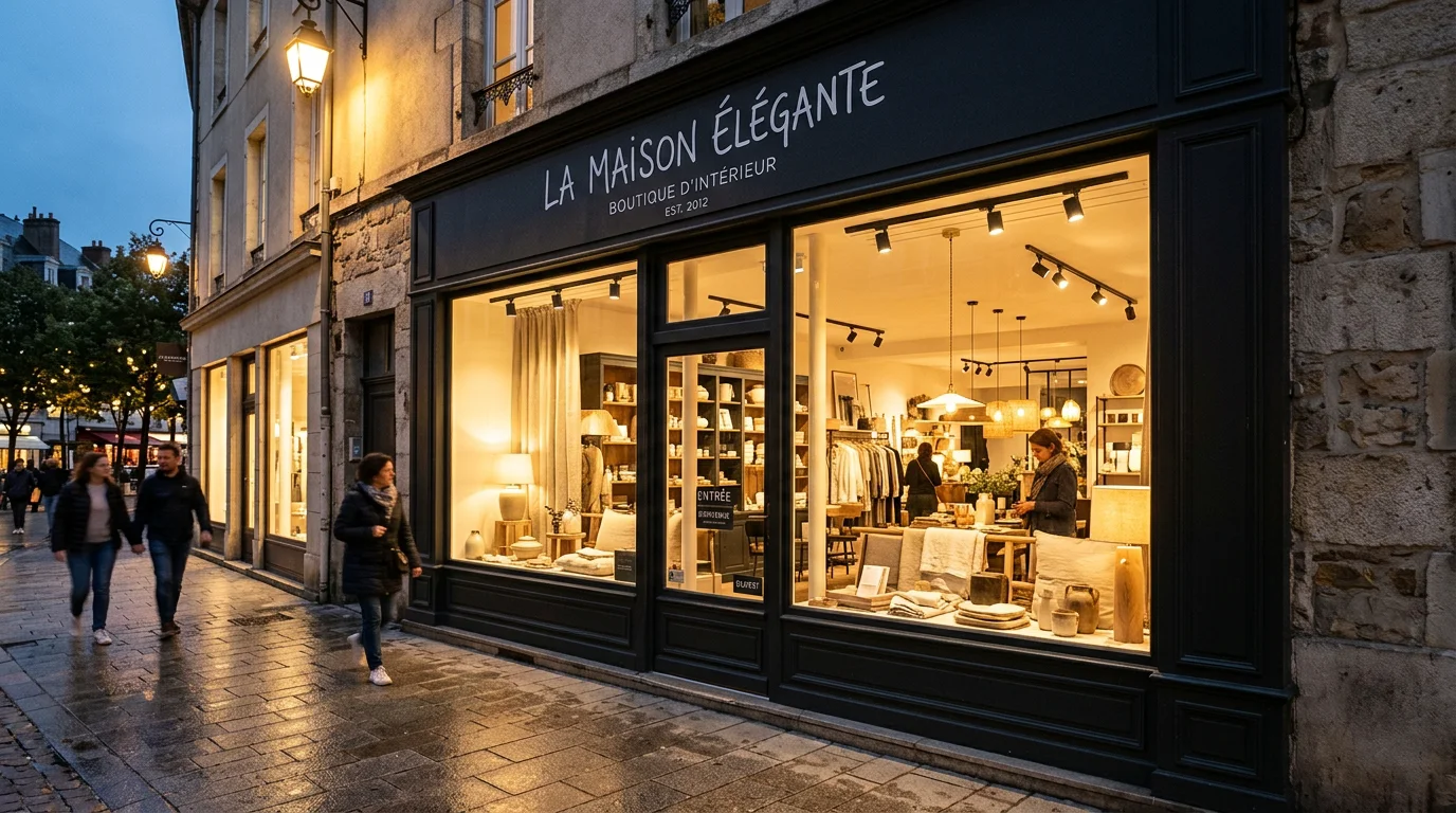 Vitrine de magasin lumineuse attirant le regard depuis la rue au crépuscule