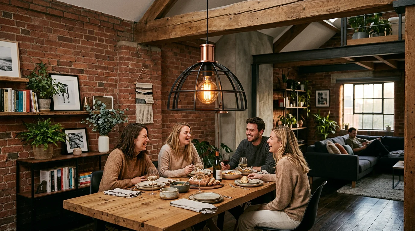 Suspension industrielle en métal noir et cuivre dans un intérieur de style loft