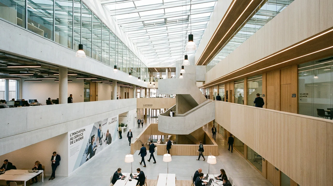 Grand espace intérieur professionnel avec éclairage normé combinant lumière naturelle et luminaires architecturaux