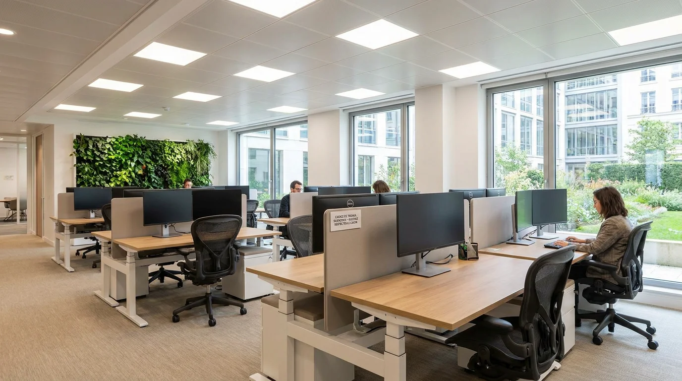 Bureau moderne avec un éclairage intérieur conforme aux normes, luminaires encastrés et lumière homogène