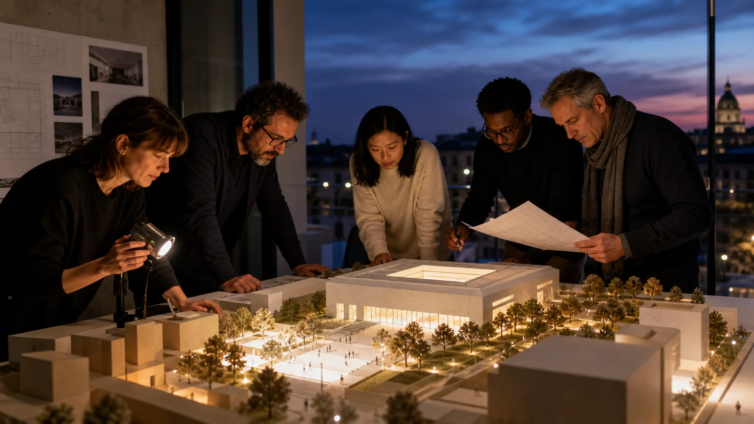 Équipe multidisciplinaire travaillant sur la conception lumière d’un projet architectural