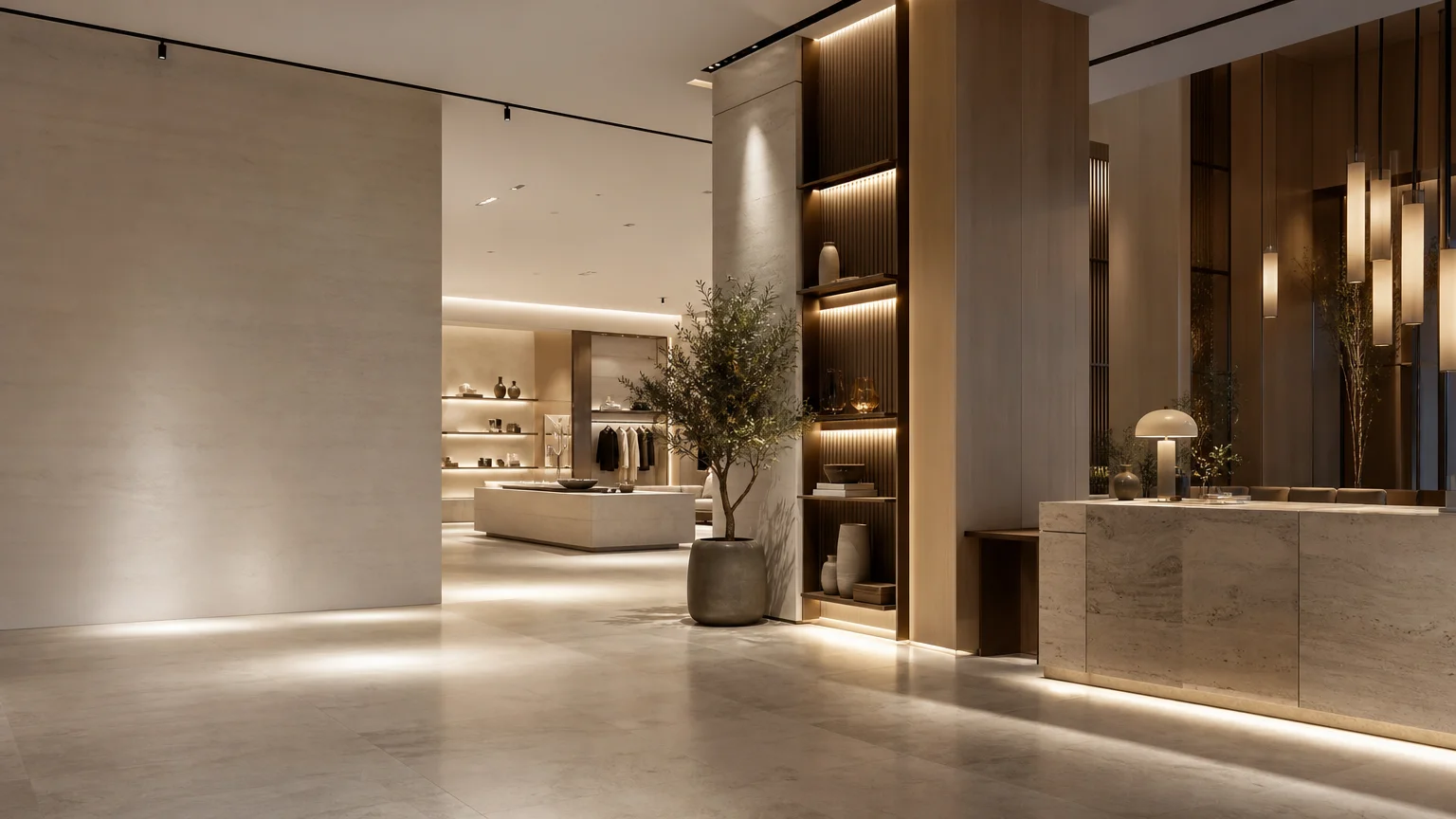 Espace commercial et hôtelier contemporain éclairé par une conception lumière architecturale