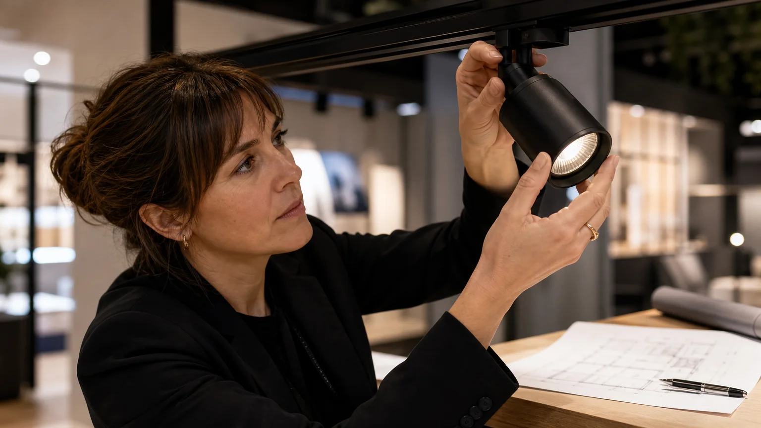 Réglage précis d’un projecteur par une professionnelle de l’éclairage