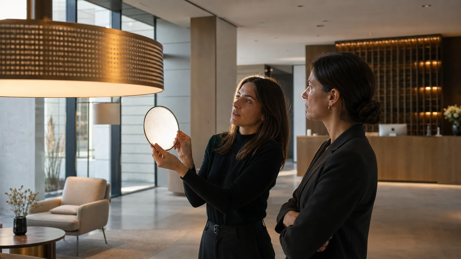 Professionnels observant la lumière d’un luminaire design dans un espace hôtelier
