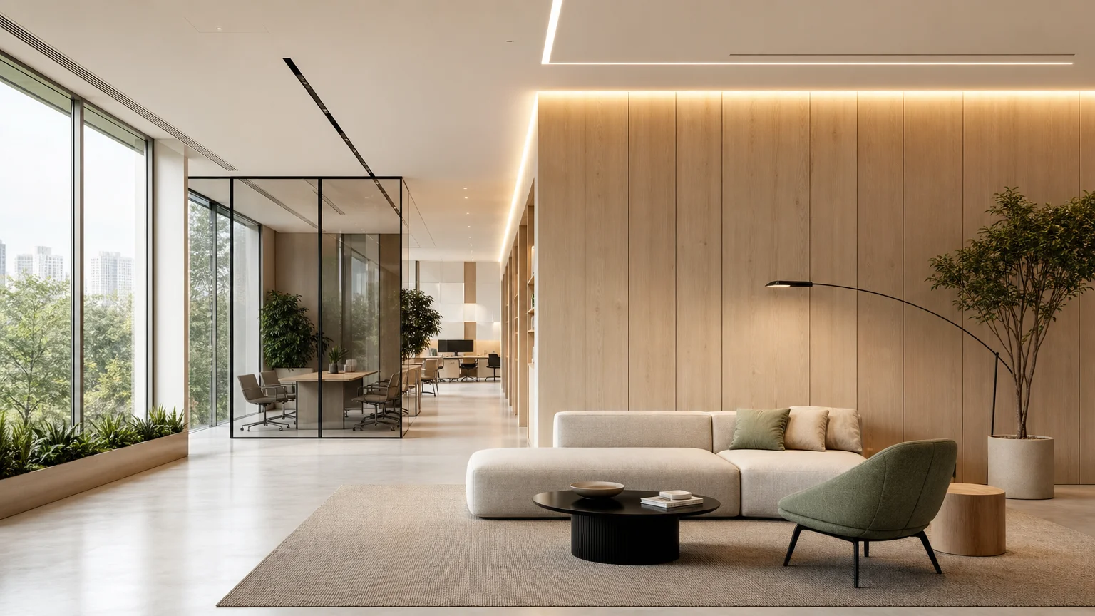 Espace de bureaux contemporain associant lumière naturelle et éclairage architectural