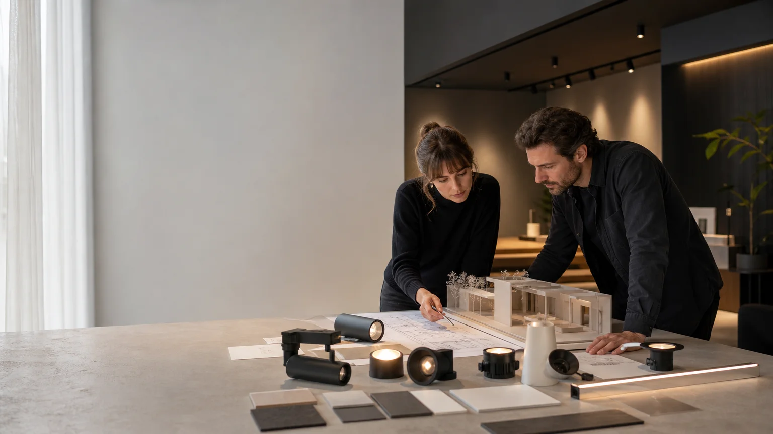 Concepteur lumière analysant un projet d’éclairage architectural dans un espace commercial contemporain