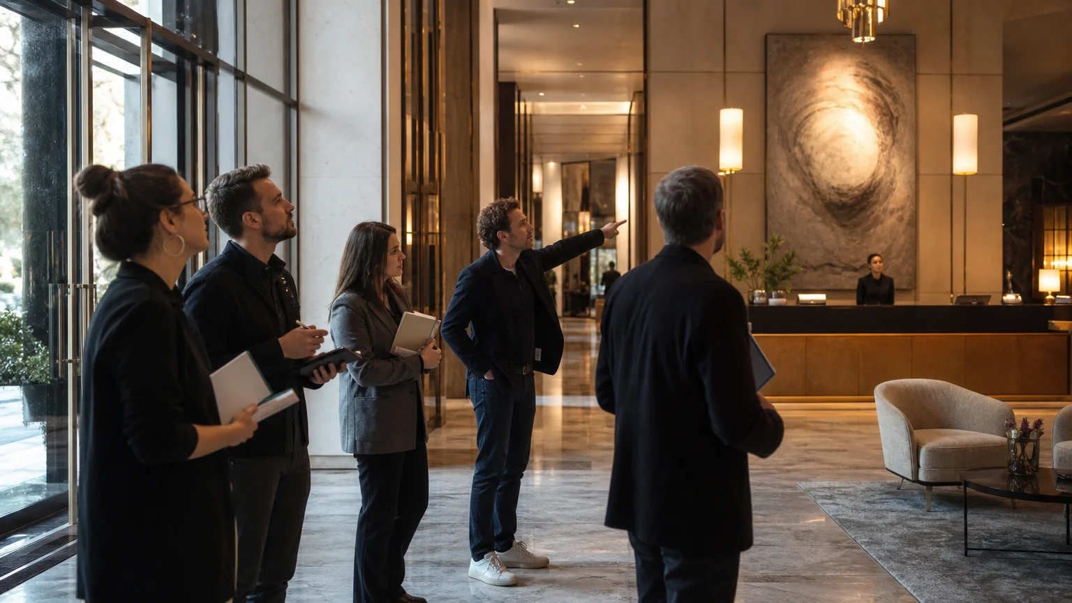 Équipe de conception lumière observant l’éclairage d’un lobby d’hôtel haut de gamme