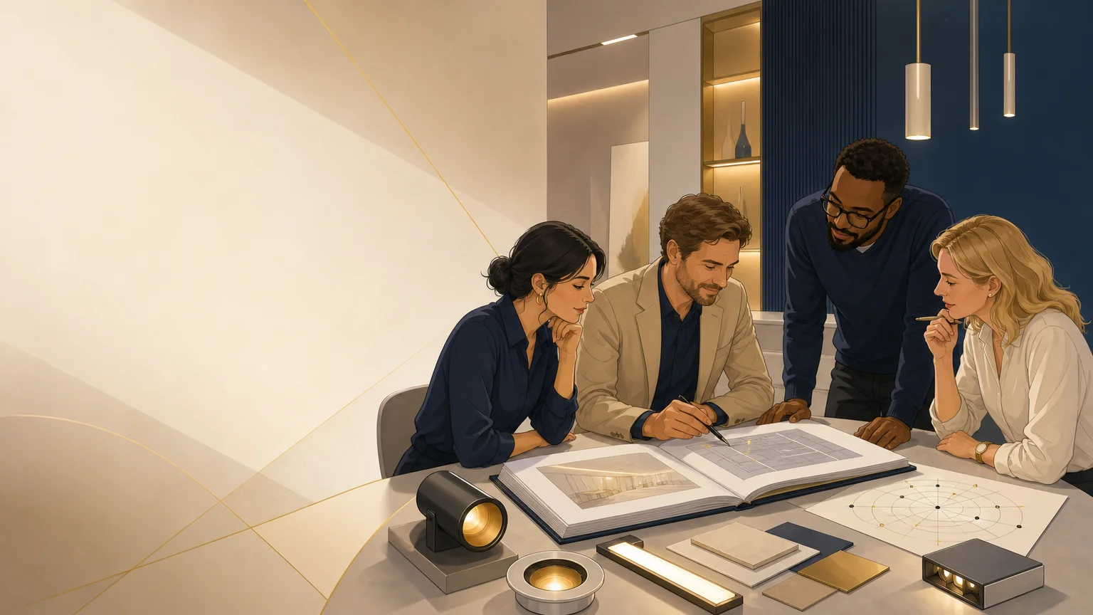 Illustration éditoriale d’une équipe préparant un appel d’offres d’éclairage architectural