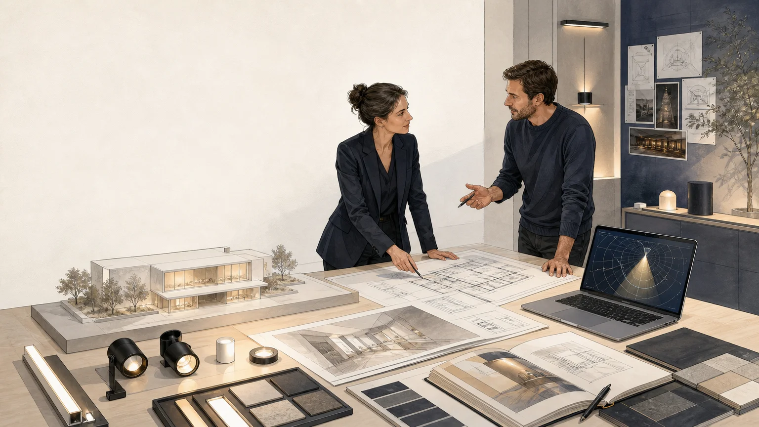 Table de travail d’un bureau d’études lumière avec plans architecturaux, maquette de bâtiment et simulations d’éclairage