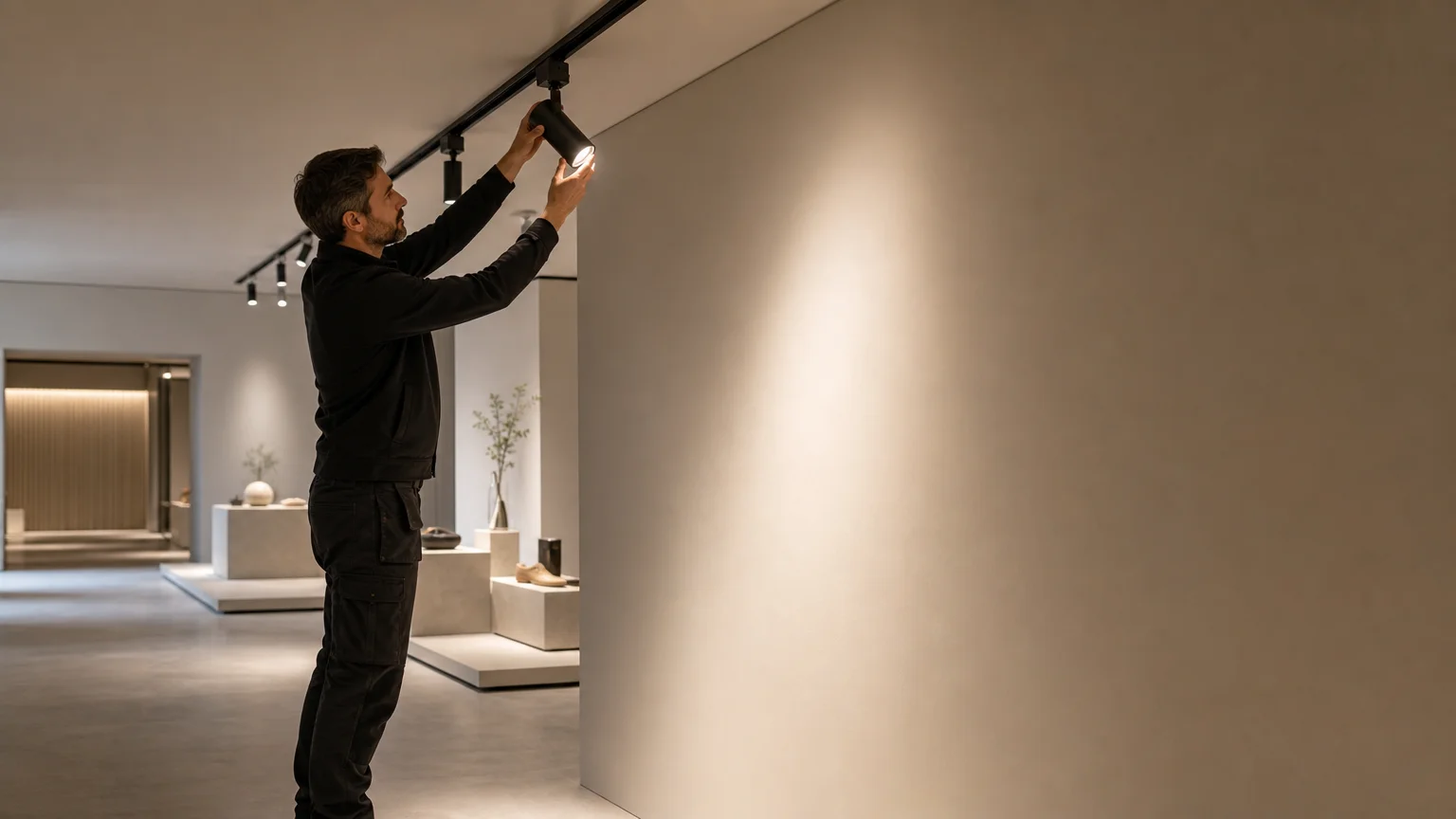 Un technicien ajuste un projecteur dans un espace commercial avant son ouverture