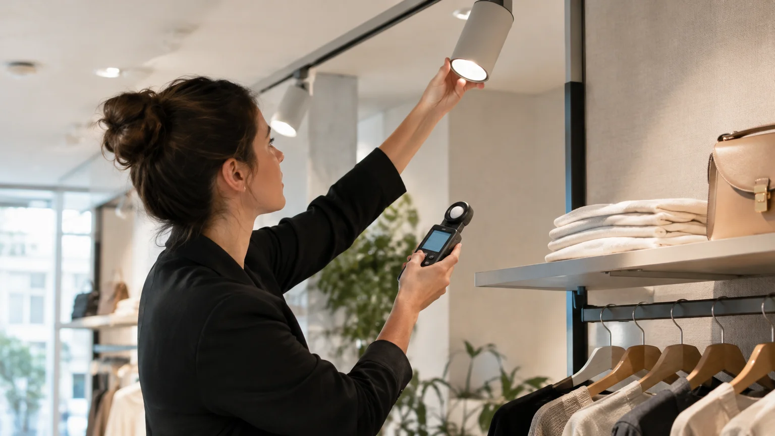 Une conceptrice lumière vérifie l’éclairage d’un espace commercial
