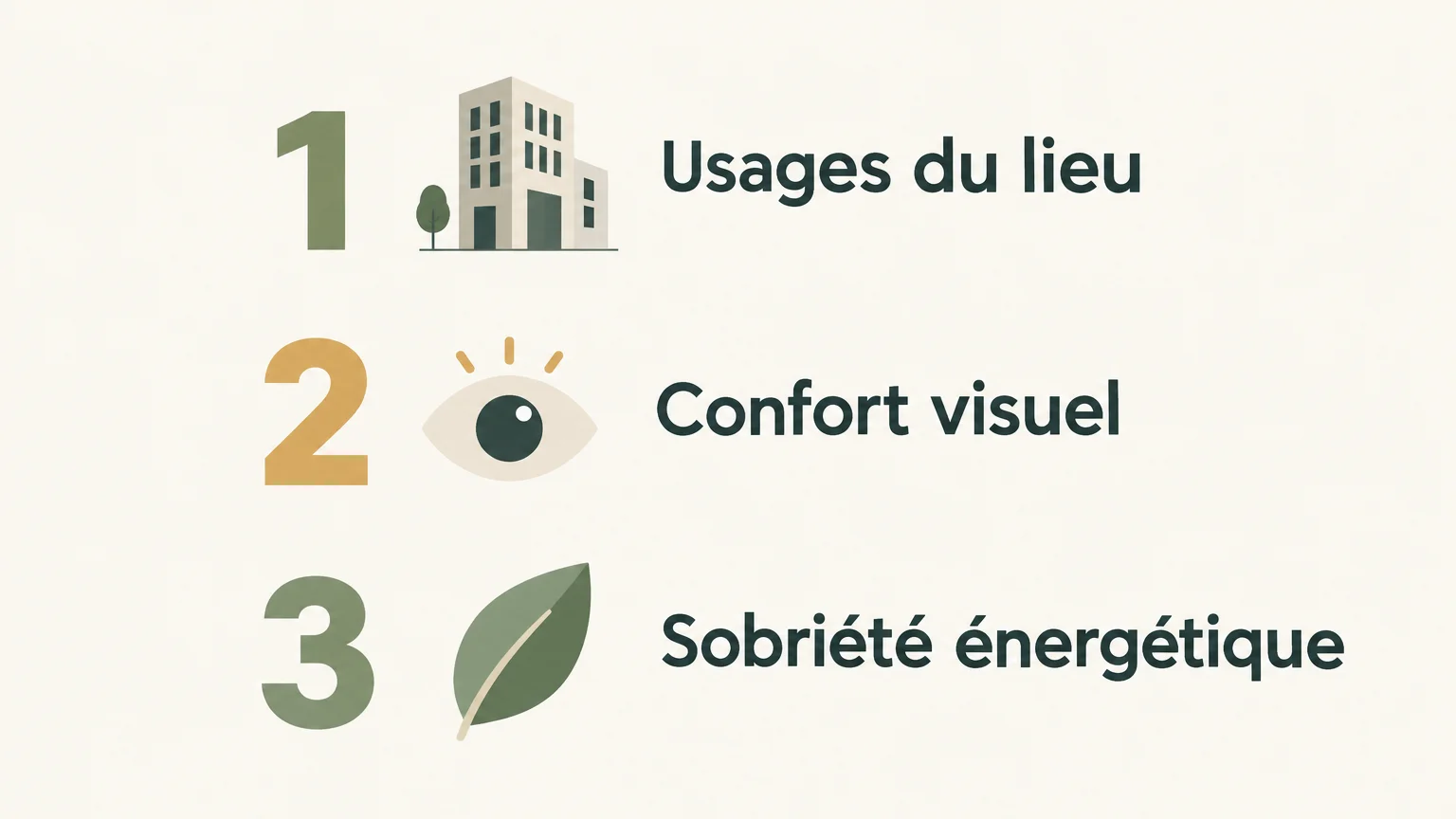 Infographie en trois critères : usages, confort visuel et sobriété énergétique