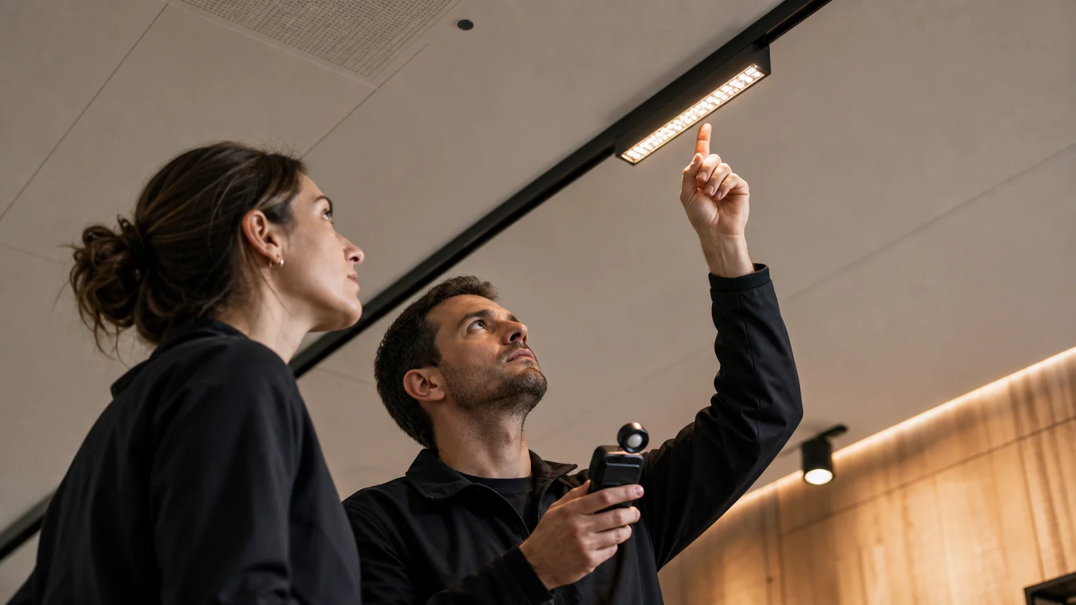 Techniciens évaluant un luminaire LED connecté dans un bâtiment tertiaire
