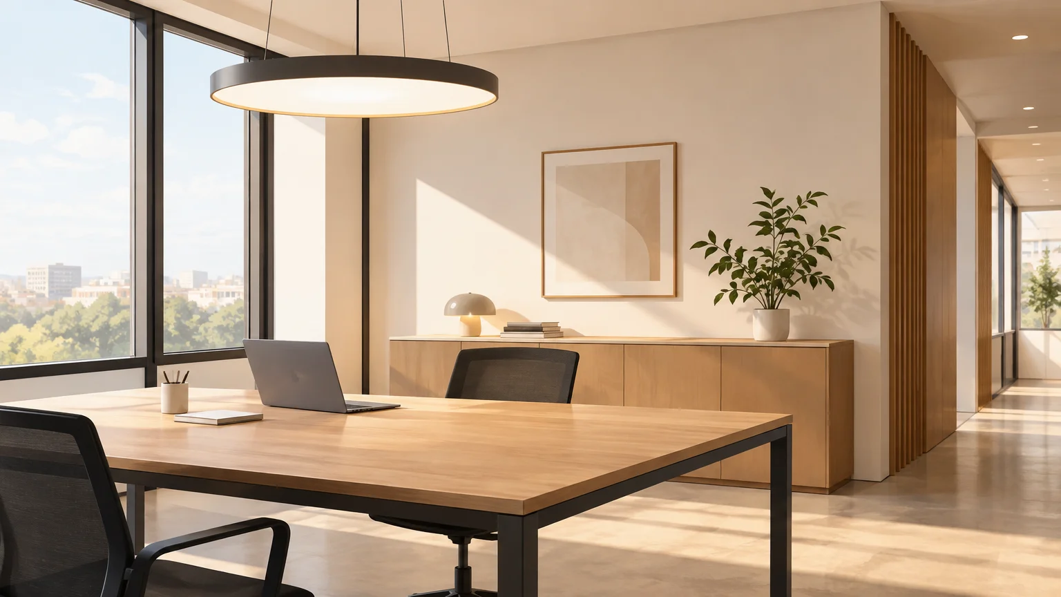 Bureau contemporain dont l’éclairage installé est à évaluer