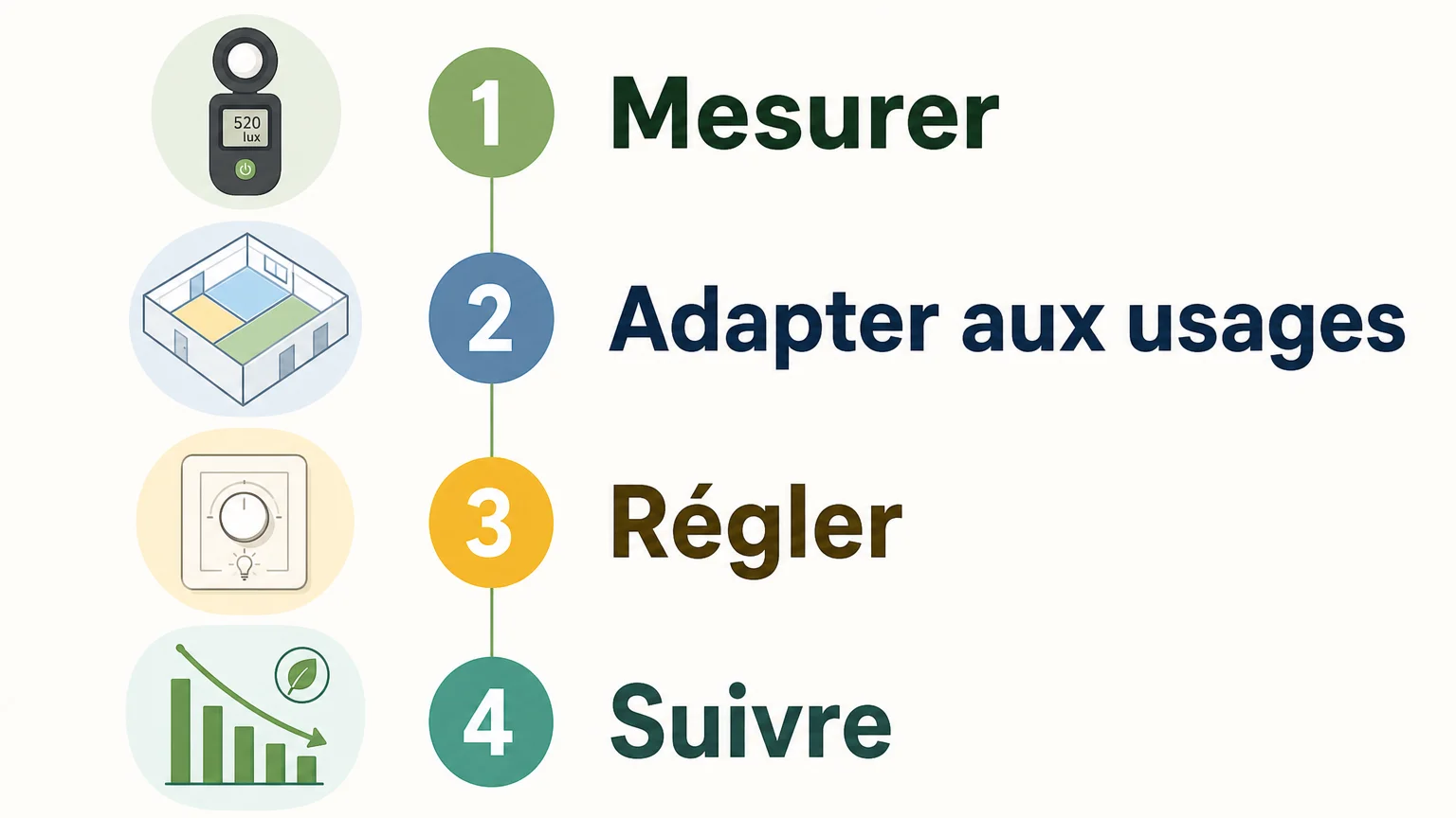 Infographie des étapes pour mesurer, adapter, régler et suivre l’éclairage