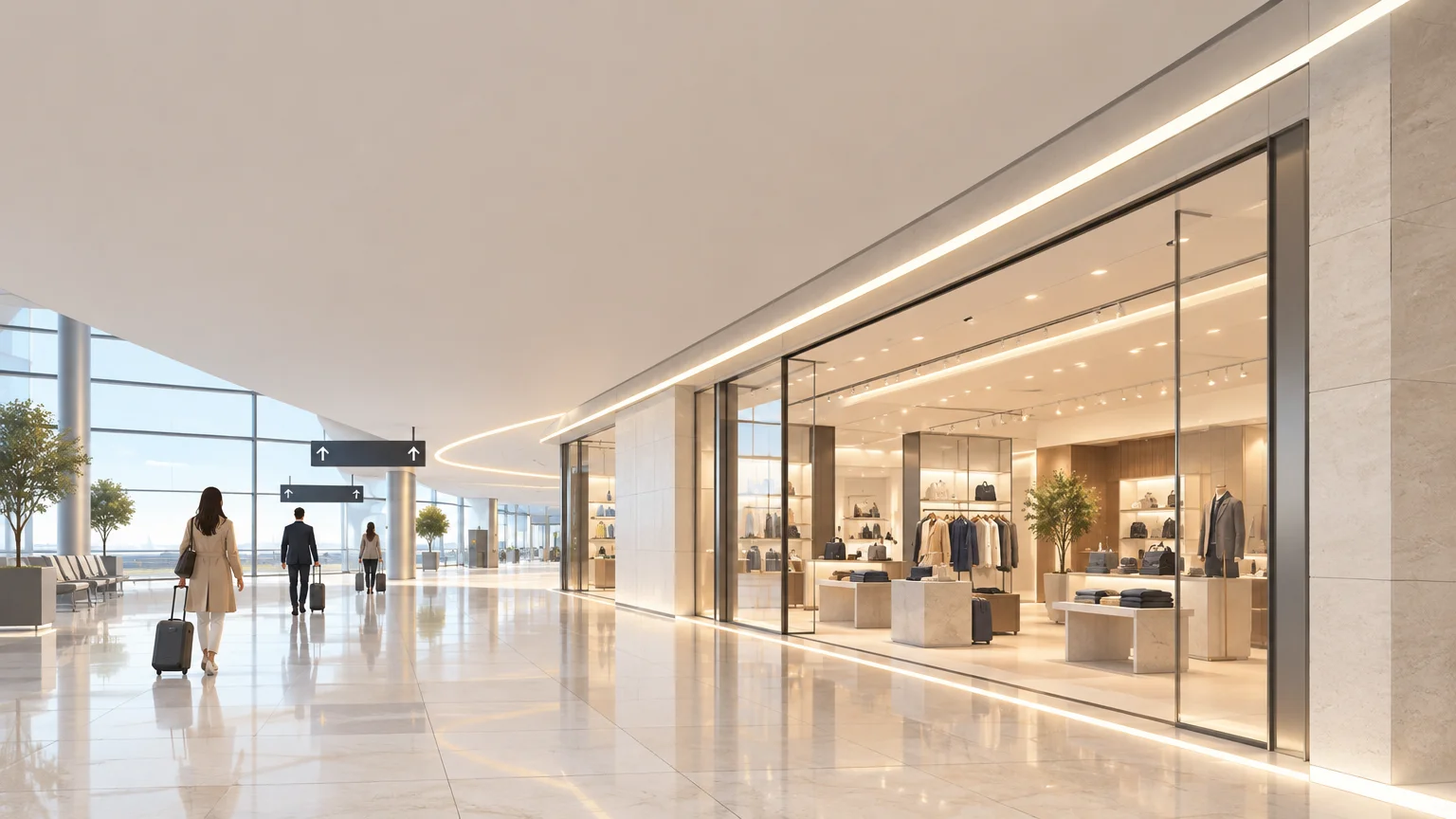 Éclairage architectural conceptuel d’un espace commercial dans un terminal d’aéroport, évoquant Rome Fiumicino sans représenter un lieu réel identifiable.