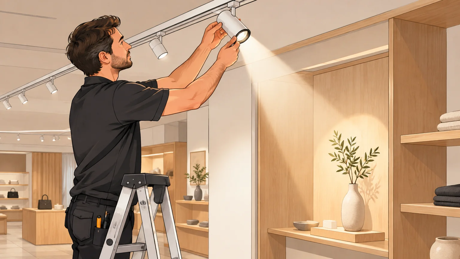 Technicien orientant un projecteur dans une boutique vide