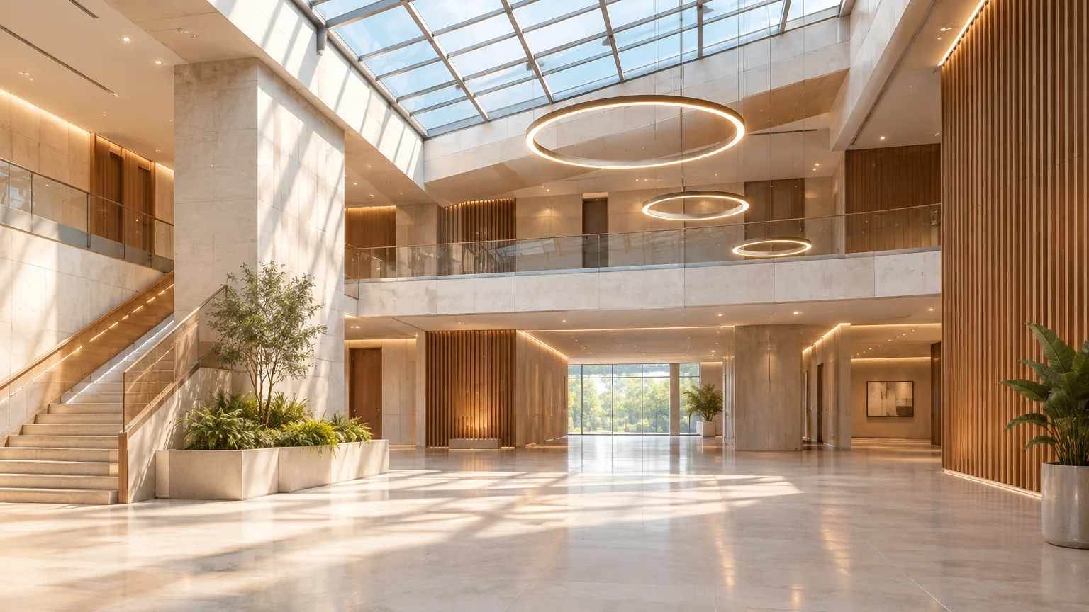 Atrium contemporain éclairé par la lumière du jour et des luminaires intégrés