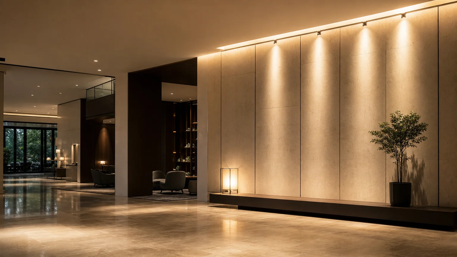 Lumière architecturale mettant en valeur les volumes d’un hall contemporain