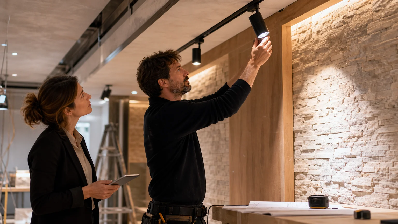 Un professionnel ajuste un projecteur dans un espace commercial en rénovation