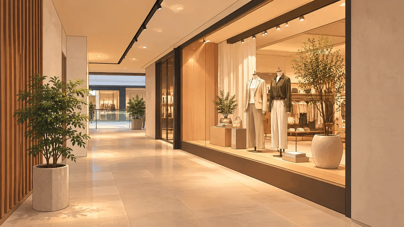 Éclairage intégré à la vitrine d’un espace commercial contemporain