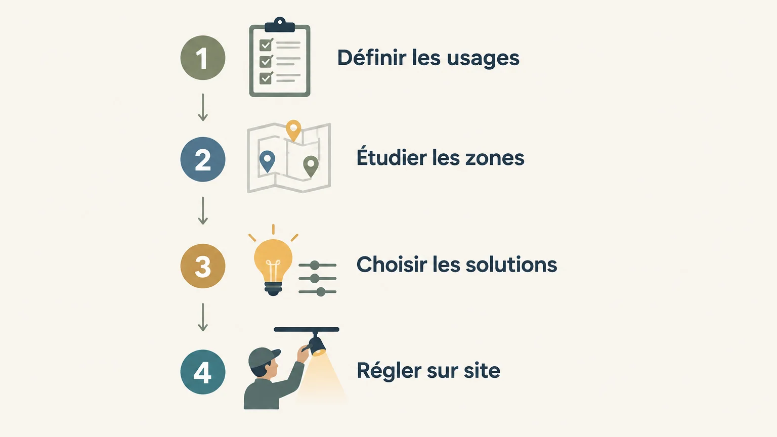 Checklist des étapes d’un projet d’éclairage, du brief au réglage